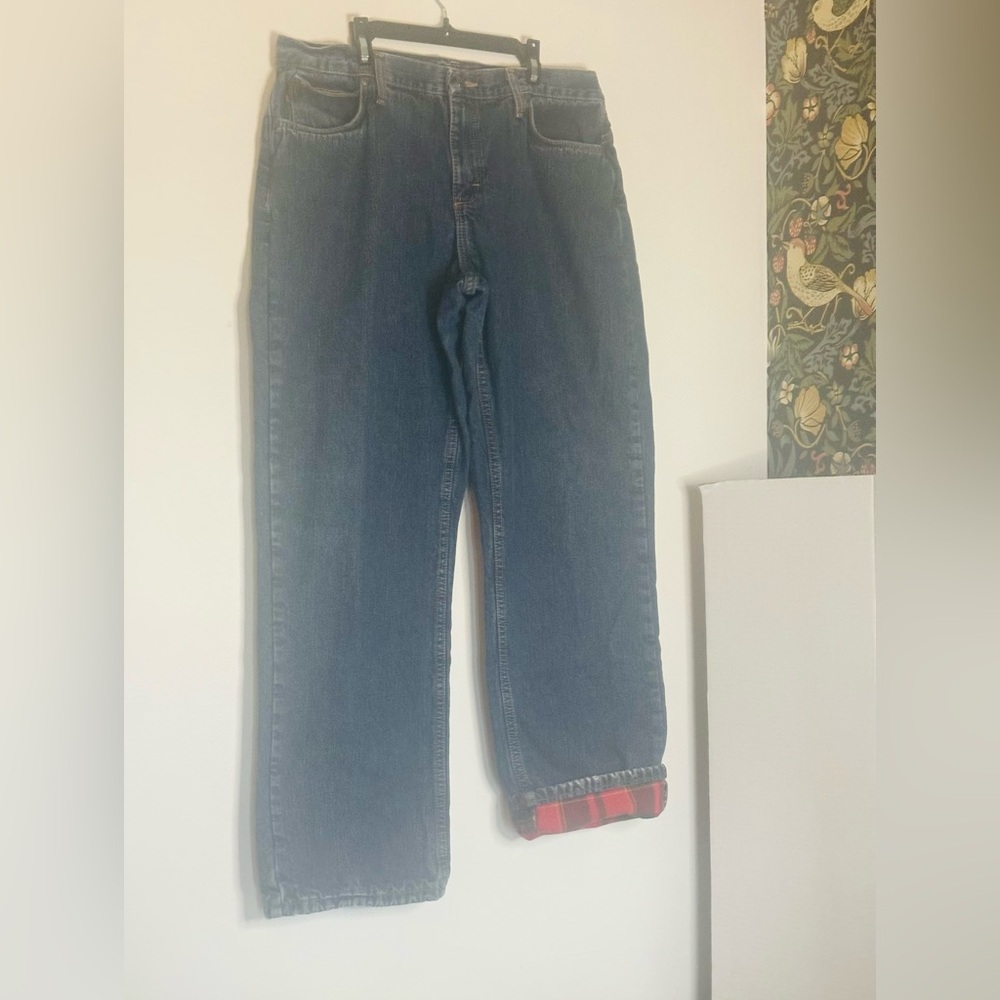 Cabela's High-Rise Straight-Leg Jeans in Medium Blue with Red Cuff Detail